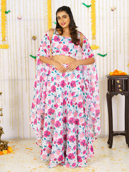 Vinya - White Georgette Crop Top & Skirt With Cape (Set of 3)