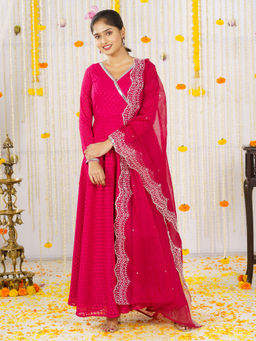 Vinya - Red Self Work Georgette Anarkali Kurta With Dupatta (Set of 2)