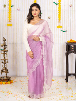 Vinya - Lavender Embroidered Thread Work Ready To Wear Saree With Stitched Blouse