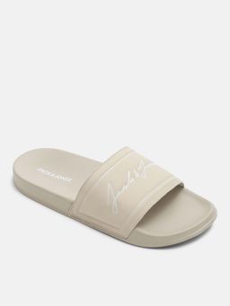 Jack & Jones - Beige Cursive Logo Print Pool Sliders