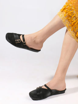 Carlton London - Womens Buckled Strap Beige Comfort Mules - Black