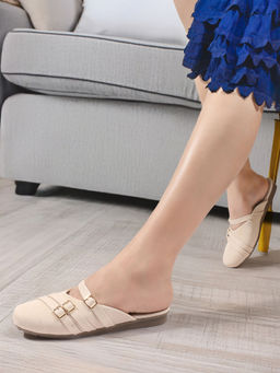 Carlton London - Womens Buckled Strap Beige Comfort Mules - Cream
