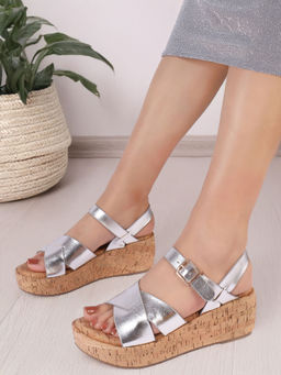 Carlton London - Womens Metallic Crisscross Cork Wedges Heels - Grey