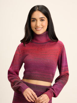 Twenty Dresses by Nykaa Fashion - Pink and Grey Ombre Turtle Neck Fitted Crop Sweater Top