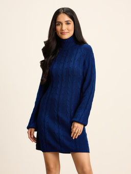 Twenty Dresses by Nykaa Fashion - Navy Blue Solid Turtle Neck Sheath Short Sweater Dress