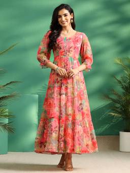 Libas - Women Pink Floral Chiffon Dress