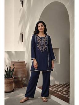 Aurelia - Women Navy Blue Embroidered Chanderi Kurti with Pant