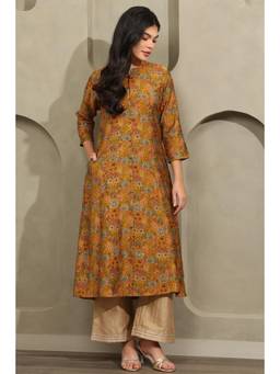 Soch - Women Mustard Floral Muslin Kurta