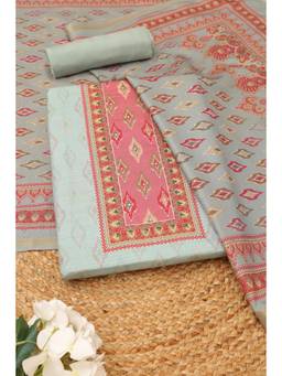 Soch - Women Blue Printed Art Silk Unstitched Top and Bottom with Dupatta
