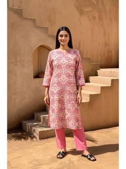 Folksong - Women Pink Floral Pure Cotton Kurta