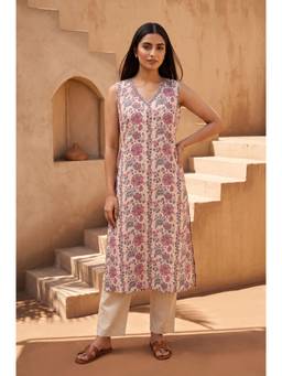 Folksong - Women Off White Floral Pure Cotton Kurta