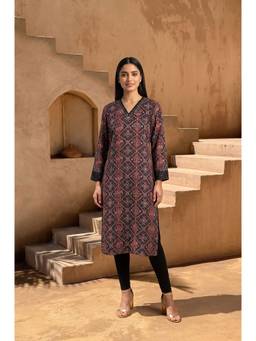 Folksong - Women Black Printed Viscose Kurta