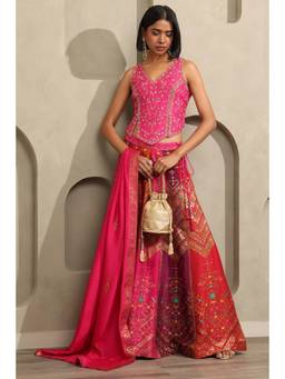 Soch - Women Pink Embroidered Silk Blend Choli and Lehenga with Dupatta