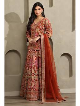 Soch - Women Rust Printed Chinon Choli and Lehenga with Dupatta