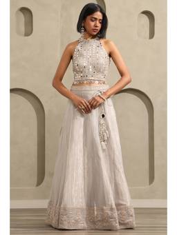 Soch - Grey Embellished Tissue Choli, Unstitched Sleeves and Lehenga with Dupatta