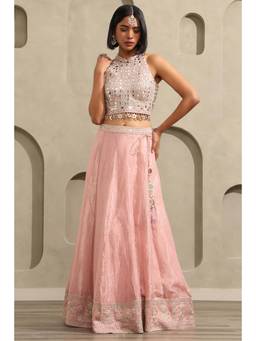Soch - Pink Embellished Tissue Choli, Unstitched Sleeves and Lehenga with Dupatta