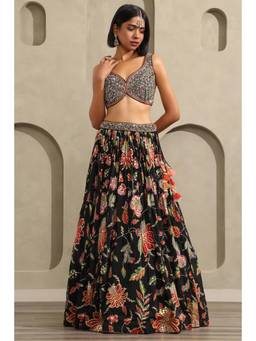 Soch - Black Embroidered Crepe Choli, Unstitched Sleeves and Lehenga with Dupatta