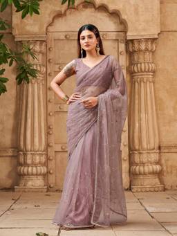 Tikhi Imli - Women Beige Embellished/Sequined Net Saree with Unstitched Blouse