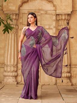 Tikhi Imli - Women Magenta Embellished/Sequined Chiffon Saree with Unstitched Blouse