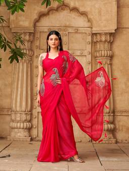 Tikhi Imli - Women Red Embellished/Sequined Chiffon Saree with Unstitched Blouse