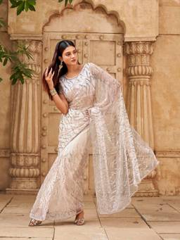 Tikhi Imli - Women Cream Embellished/Sequined Net Saree with Unstitched Blouse