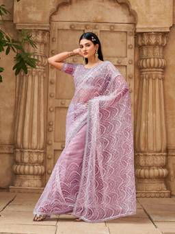 Tikhi Imli - Women Lavender Embellished/Sequined Net Saree with Unstitched Blouse