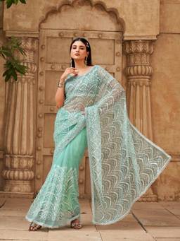 Tikhi Imli - Women Green Embellished/Sequined Net Saree with Unstitched Blouse