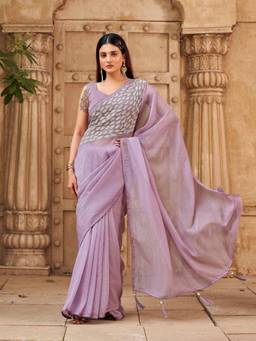Tikhi Imli - Women Lavender Embellished/Sequined Chiffon Saree with Unstitched Blouse