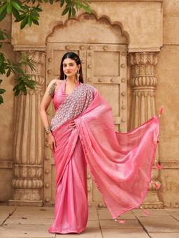 Tikhi Imli - Women Peach Embellished/Sequined Chiffon Saree with Unstitched Blouse