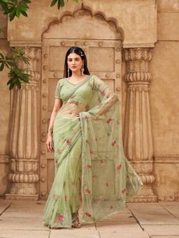 Tikhi Imli - Women Green Embroidered Net Saree with Unstitched Blouse