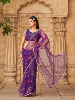 Tikhi Imli - Women Magenta Embroidered Net Saree with Unstitched Blouse