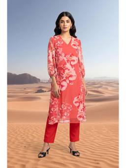 W - Red Floral Chiffon Kurta