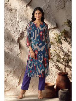 W - Blue Printed Chiffon Kurta