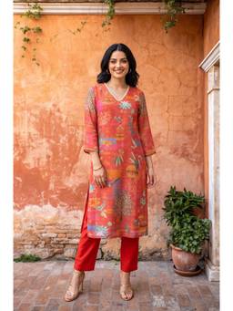 W - Orange Floral Tissue Kurta