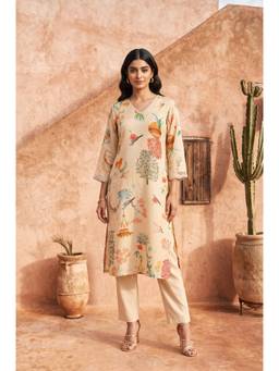 W - Beige Floral Crepe Kurta