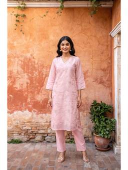W - Pink Embroidered Chanderi Kurta