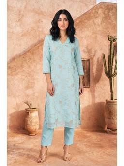 W - Turquoise Embroidered Chanderi Kurta