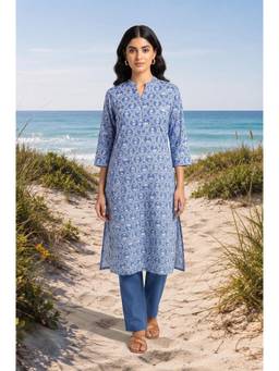 W - Blue Floral Pure Cotton Kurta