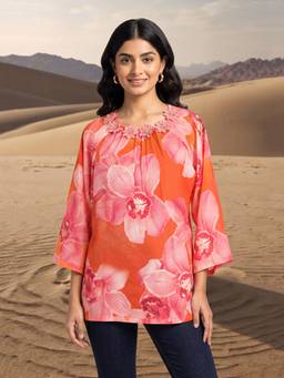 W - Orange Floral Pure Cotton Kurti