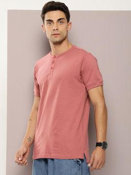 DILLINGER - Pink Solid Regular Henley T-Shirt