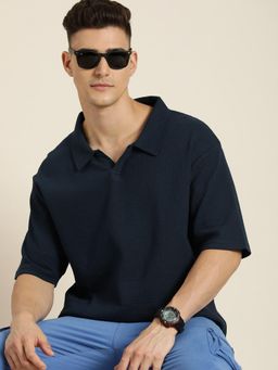 DILLINGER - Navy Blue Self Design Oversized Polo T-Shirt