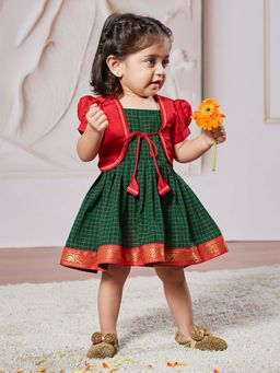 Vastramay - Girls Cotton Puffed Sleeves Checkered Pattern Frock With Jacket (Set of 2)