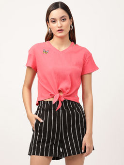 ELLE - Womens Pink Solid Body Fit T-shirt