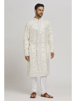 Aham-Vayam - Men'S Cotton Embroidered Off White Kurta with Churidar
