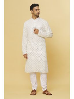 Aham-Vayam - Men'S Cotton Embroidered White Kurta with Pyjama