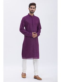 Aham-Vayam - Men'S Cotton Sequined Purple Kurta with Churidar