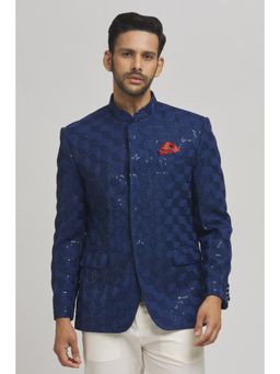 Aham-Vayam - Men'S Cotton Embroidered Blue Bandhgala