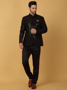 Aham-Vayam - Men'S Cotton Silk Sequined Black Bandhgala