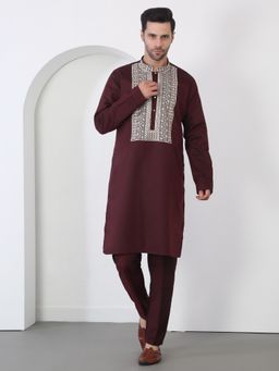 Aham-Vayam - Men'S Cotton Embroidered Wine Kurta with Churidar