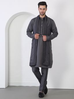 Aham-Vayam - Men'S Cotton Embroidered Grey Kurta with Pant
